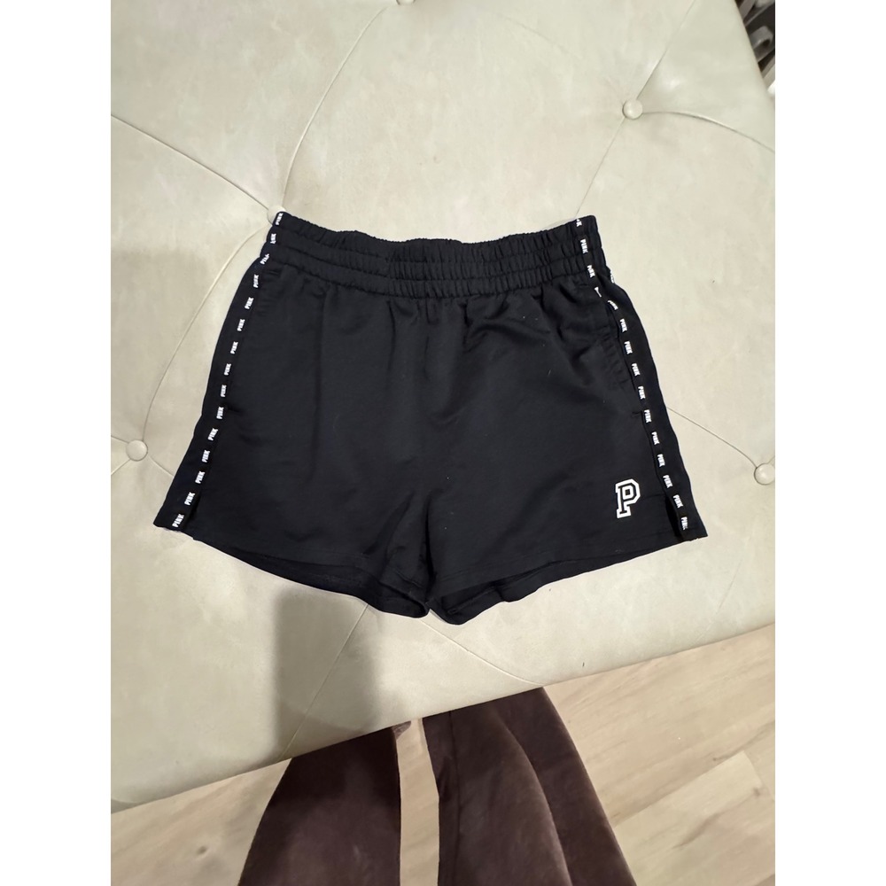 PINK Victoria's Secret Womens Small Black Logo Tape Athletic Gym Shorts P Patch